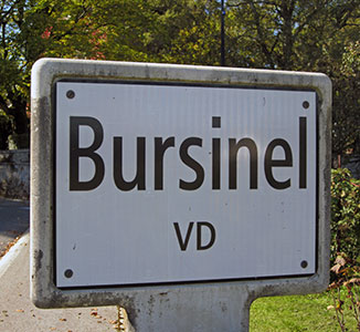 Borne indiquand le nom de la Commune de Bursinel. 